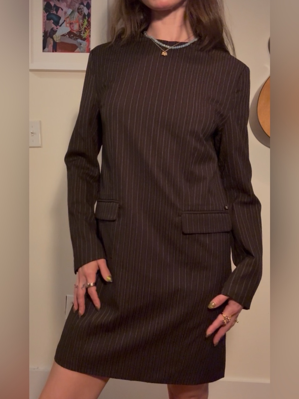 Scotch & Soda Pinstripe Long Sleeve Shift Dress Brown
